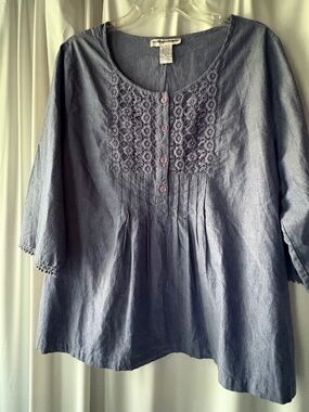 Cathy Daniels Blue Chambray Peasant Blouse Crochet Lace Pintuck Tunic XL